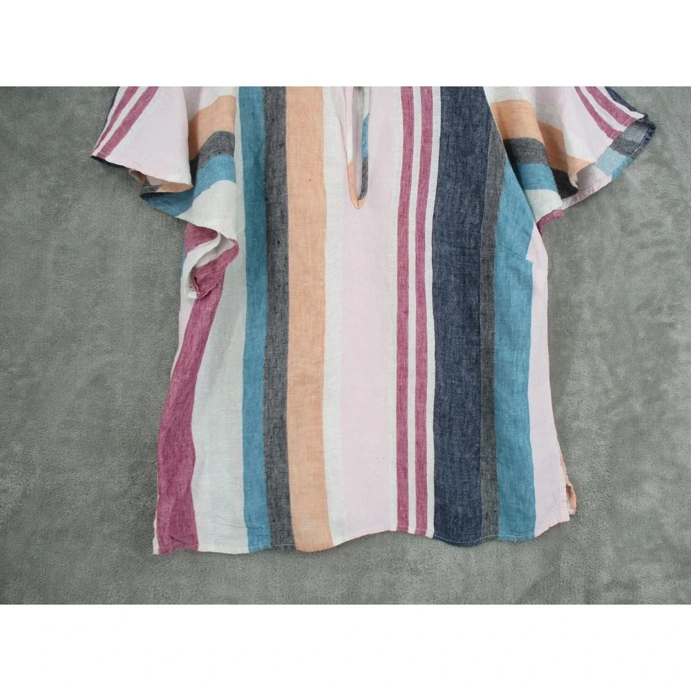 J Crew Shirt Womens 6 Linen Striped‎ Flutter Sleeve Ruffle Button Boho Coastal